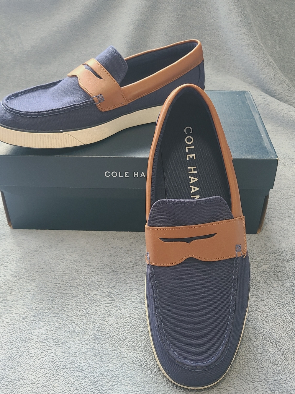 Cole Haan Men’s Navy and Tan Casual Penny Loafers